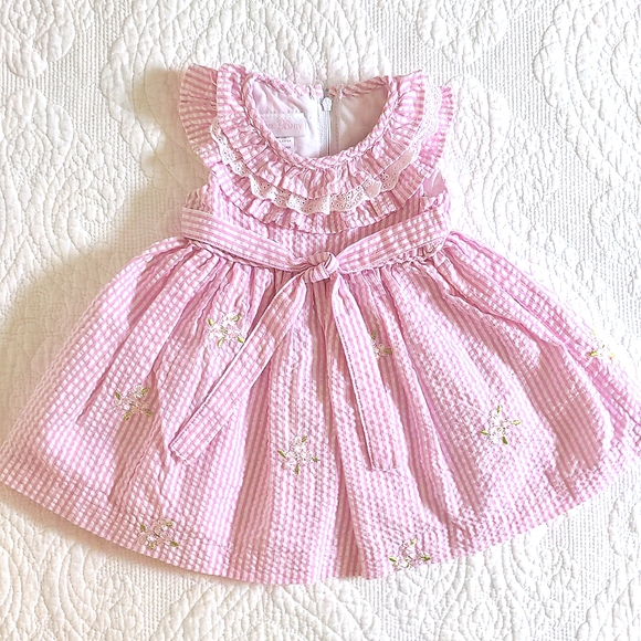 Bonnie Baby Other - 🎉LAST DAY⬇️⬇️⬇️3-6mo Bonnie Baby Pink Seersucker Lace Floral Dress 3-6months